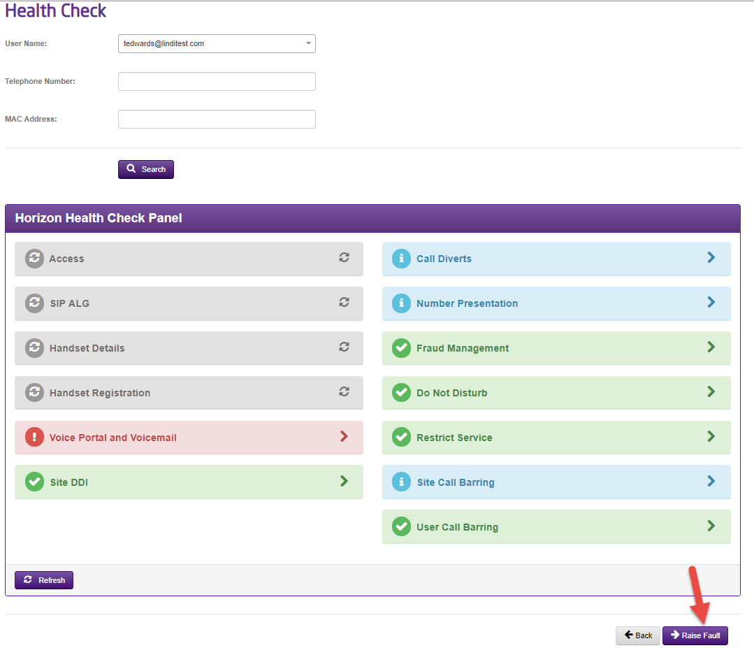 An Image showing how from the horizon health check screen. You click a raise fault button located on the bottom right of the screen.