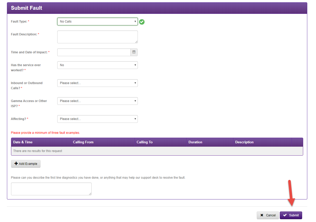 An image showing you the next presented screen that requests informaion on the fault.