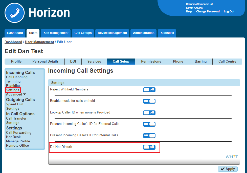 A screenshot of a call settings

Description automatically generated