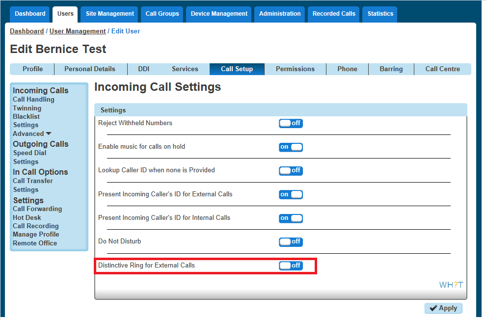 A screenshot of a call settings
Description automatically generated