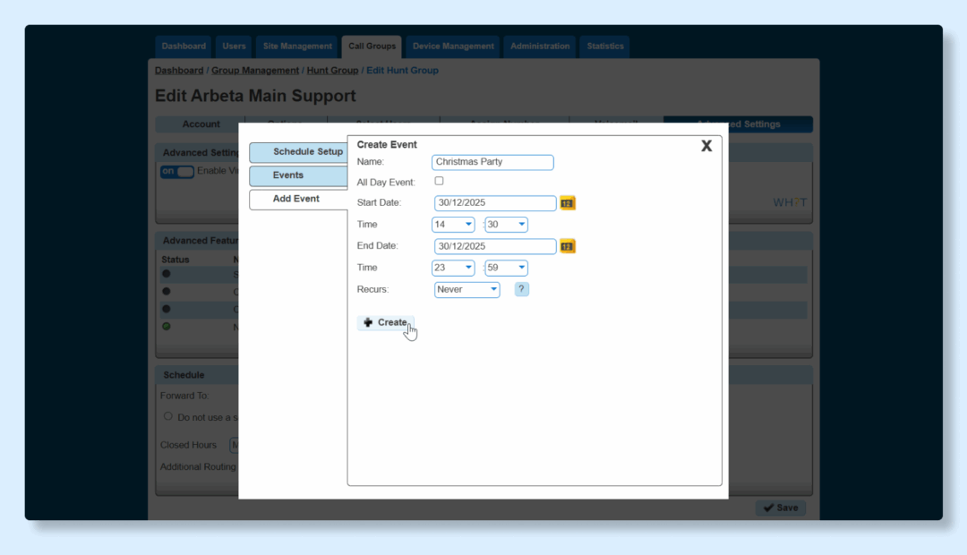 2. Enter the event name, configure the settings and click Create